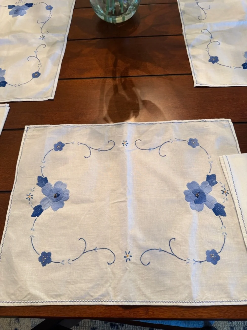 Three Blue Floral Embroidered Placemats and 4 Napkins - Home Dining